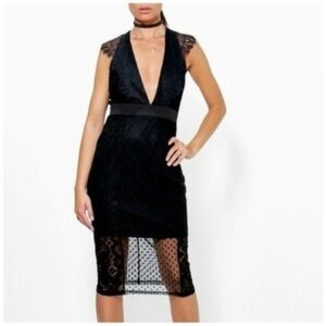 Boohoo Carrie Dobbie & Lace V-Neck V-Back Dress with Lace Cap Sleeves